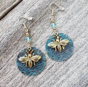 Bumblebee earrings turquoise and gold copper accents with beads boho